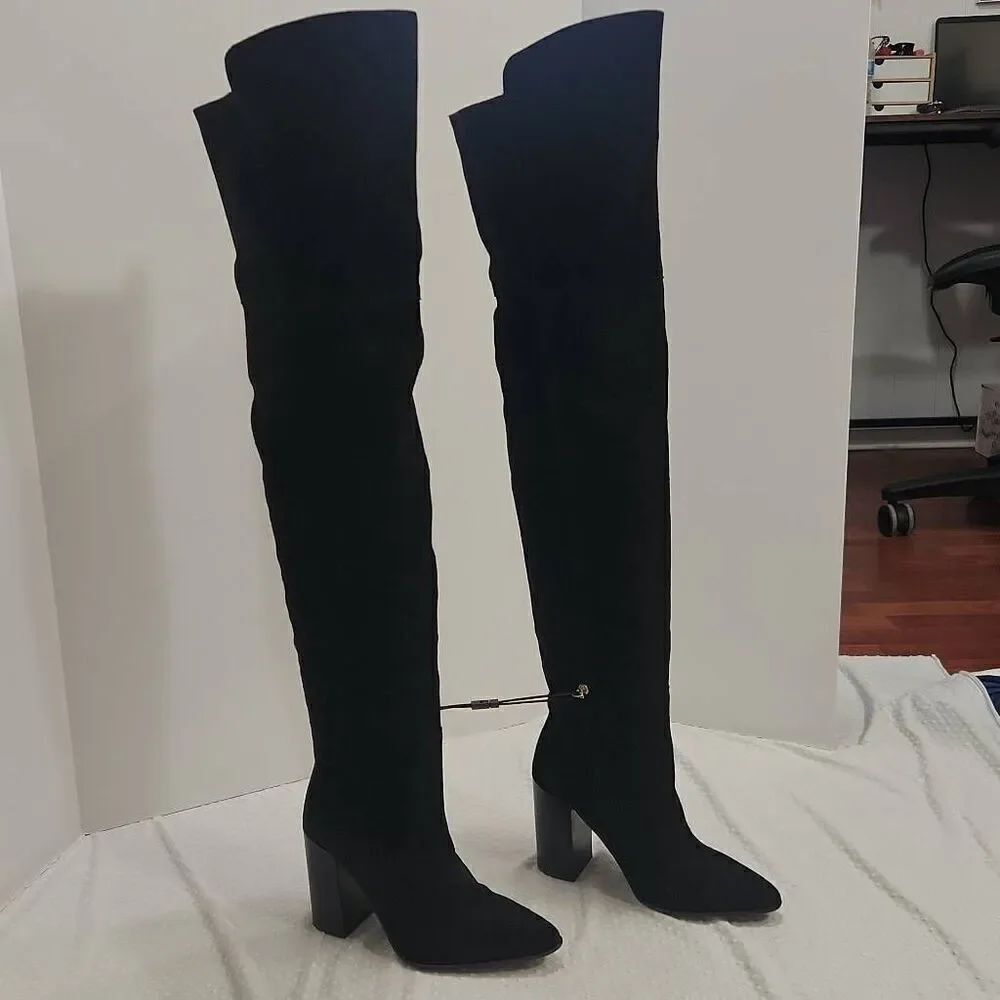 Zara Black Suede Over the Knee Boots Block Heel Women's Size 7.5 US / 38 EU